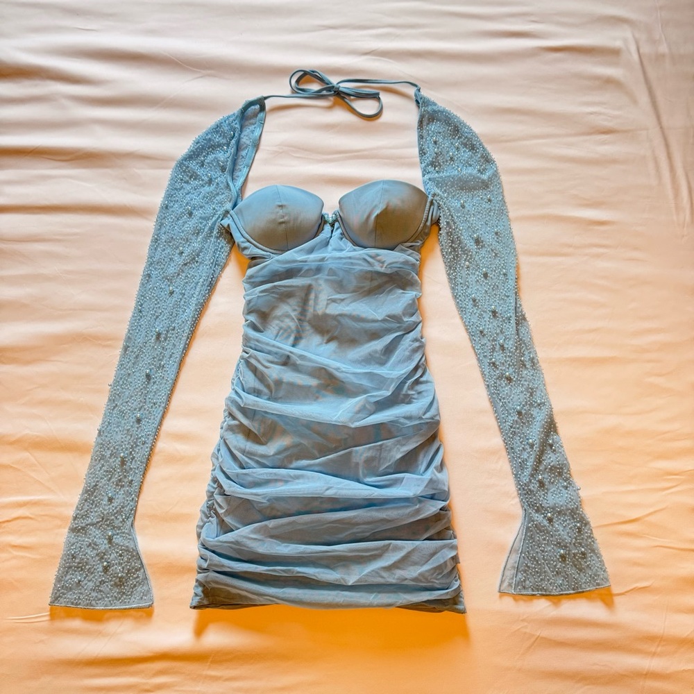 Oh Polly St Germain Embellished Long Sleeve Mini Dress in Blue